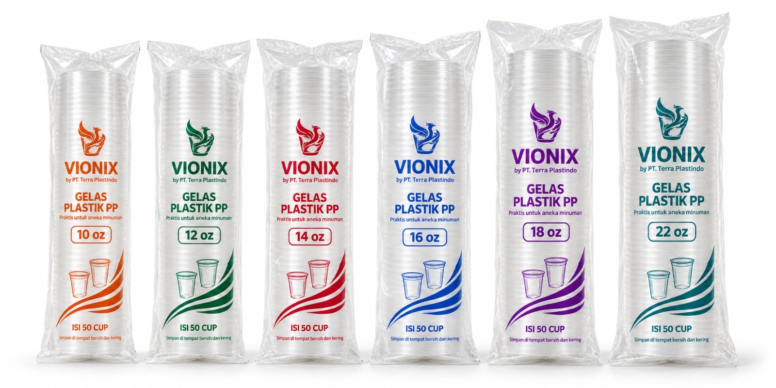 Koleksi gelas plastik PP VIONIX ukuran 10, 12, 14, 16, 18, dan 22 oz dengan kemasan 50 cup